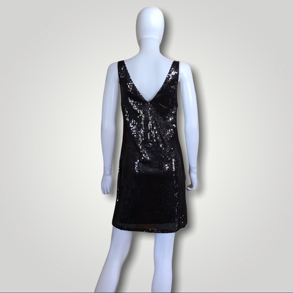 Line & Dot Sequin Sleeveless Black V-Neck Dress S - Picture 2 of 4